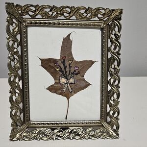 Vintage Golden Brass Filigree Picture Frame with Floral & Bow Leaf Art